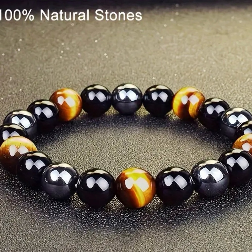 Natural Black Hematite Obsidian Tiger Eye 8 mm Stone  Bracelet